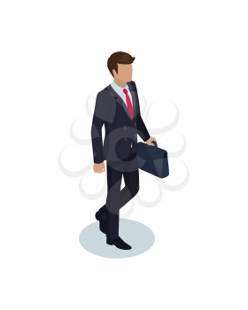 Businessman with briefcase suitcase in hands of person. Man wearing black suit wih red tie walking calmly. Confident male boss isolated on vector
