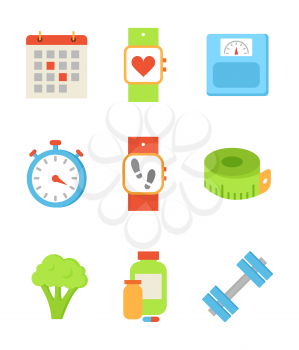 Calendar and wristband isolated icons vector. Broccoli vegetable and food supplements in form of pills and capsules. Dumbbells and meter measurement