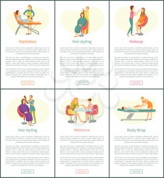 Depilation and hair styling posters set with text vector. Wax hair removal on clients legs, visage makeup and manicure nails treatment and body wrap