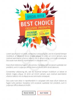 Best choice exclusive offer poster. Banner ornate with autumn leaves. Discounts and sales business proposition seasonal clearance special deal vector