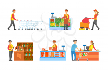 Supermarket departments and sellers set vector. Worker arranging trolleys, man with fruits on shelves. Butcher and cashier by counter with client