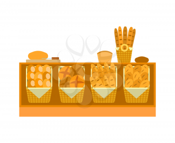  ounter stall with bakery food products. Vector shelf with bread and pastry products, dough and buns, croissants and baked loaves of baguette isolated