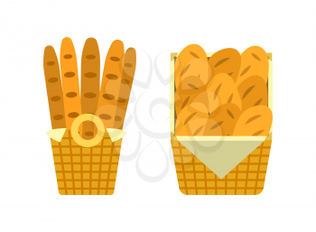 Bread and buns in wicker baskets, showcase of bakery sellers shop vector. Isolated icons flat style, baked products, food of wheat flour counter stall