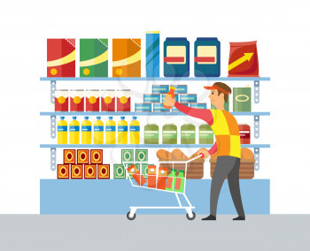 Supermarket store worker merchandising vector. Man with products putting sausage on place. Packages and oil in plastic bottle, canned products goods