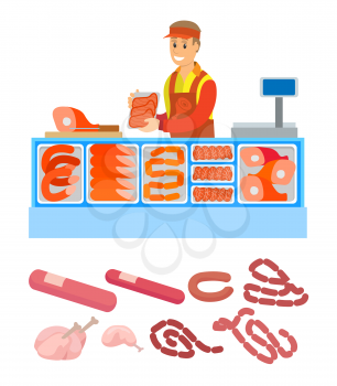 Supermarket store, butchers department with meal variety set vector. Pork and meat, sausages and frankfurter. Seller salesperson with raw food bacon