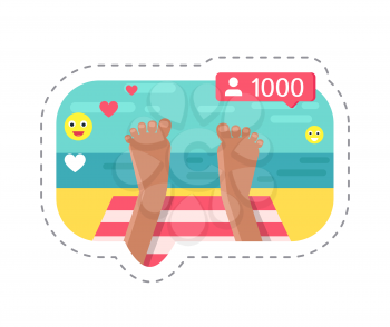 Seaside holiday, person streaming from vacation sticker vector. Patch and feet, reactions of viewers, smileys emojis and heart. Followers online web