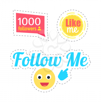 Follow me smiley and like numbers information stickers set vector. Isolated patches with emoji and hand showing button. Social networking profile icon