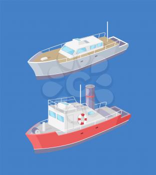 Steamboat and yacht marine transport vessel sailing in sea or ocean isolated on blue. Transportation sailboat with lifebuoy, speedboat floating vector icon