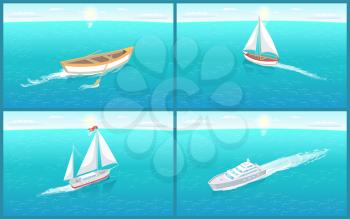 Water transport rowing boat made of wood set vector. Ship for sailing with ribbon on top. Cruise liner for people transportation in comfort safety
