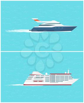 Water transport sea trip and cruise liner set of transportation for passengers vector. Yacht floating on sea or ocean surface, comfortable shipment