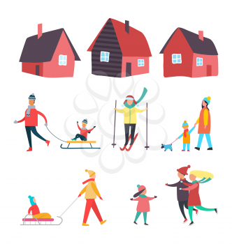 Winter seasonal activities performed outdoor people set vector. Houses variety, family and couple, child on sledges, mother and kid walking pet dog