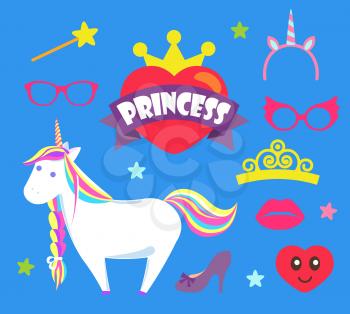 Princess party unicorn and crown icons set vector. Accessories glasses and magic wand with star on top, lips and heart face. Shoe on heel celebration