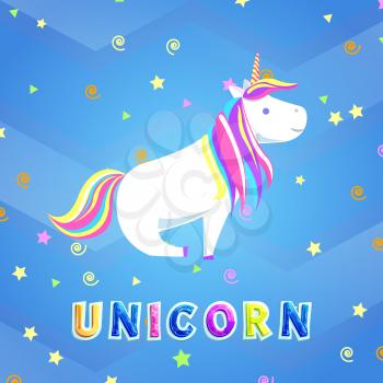 Romantic horse from fairy tales or legends, childish animal vector. Unicorn with rainbow mane and sharp sitting in cartoon sky with swirls and stars