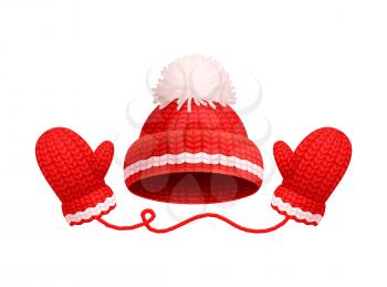 Winter warm red hat with white pom-pom and knitted glove icons. Woolen mittens and headwear in realistic design, outfit gauntlet, personal accessories