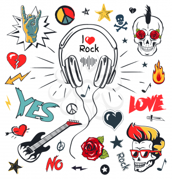 Headphones music and musical patches, stickers isolated icons vector. Skull and roses, electric guitar, rock sign and peace symbol. Starts and hearts