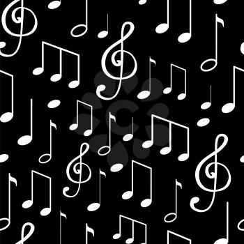 Music notes, notation sketches seamless pattern isolated on black background. Sounds and tunes vector, clef treble with quarter musical composition