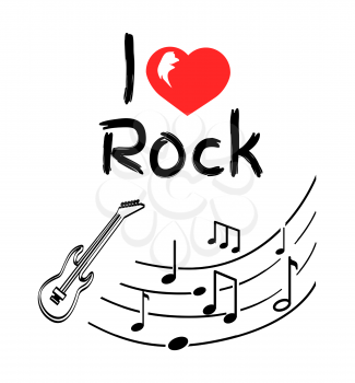 Love rock music style poster with notes monochrome sketches vector. Heart and guitar music instrument, acoustic sounds. Melody signs on tablature