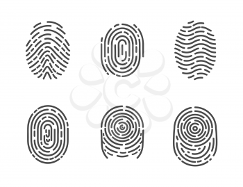 Identification fingerprints sketches set icons vector. Security and prints of fingers to pass access. System of bio recognition, identifying methods