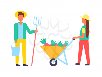 People working on farm with equipment vector banner. Man and lady in hat and uniform, with bucket and pitchfork, garden wheelbarrow full of roots