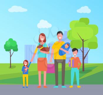 Family walks outdoors in city park. Mother with dog in hands, daughter holds flowers, father takes care about newborn infant, son with gift box vector