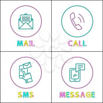 Modern means of communication outline icon set. Phone message and simple call, text sms and electronic mail to keep in touch small color sketch depiction.