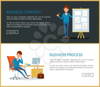 Business strategy presentation with charts data vector. Man talking on mobile phone with customers, manager sitting in office. Presenter and board
