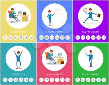 Business strategy and process, presenter with charts isolated icons vector. Businessman in office talking on mobile. Idea of manager, work planning