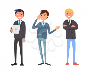 Businessman talking on phone, business partners vector. Co-workers of boss, discussion of problems, calls and making decisions. Meeting of directors