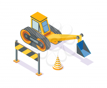 Excavator, road plastic cone and wooden stand regulating traffic movement vector. Machinery for working and development, machine with shovel digging