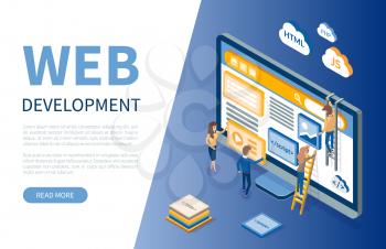 Web development, monitor and workers developers vector. Programming and html, js and php languages of coding. Online technology digital optimization