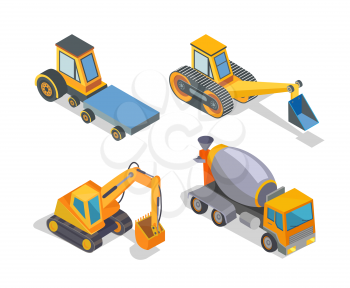 Construction machine, building machinery, icons vector. Industry and transport devices, concrete cement mixer and excavator. Bulldozer transports