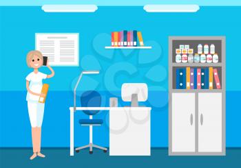 Veterinary clinic, animals hospital, woman receptionist talking on phone appointing meetings vector. Interior of doctor room with bottles medicaments