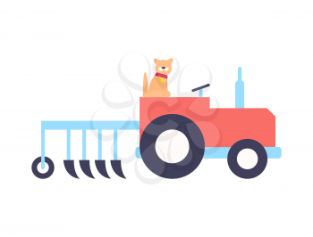 Tractor with plow for work on farm cartoon vector icon. Transport with cat sitting in cabin, isolated badge in cartoon style, farming theme sample