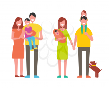Happy families set, vector icon in cartoon style. Smiling people, parents holding children with toy on hands standing together with dog pet poster