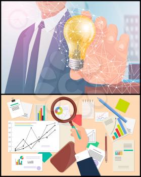 Business idea and analyzing process set vector. Businessman holding electric bulb, lightbulb creative thoughts. Magnifying glass and papers documents