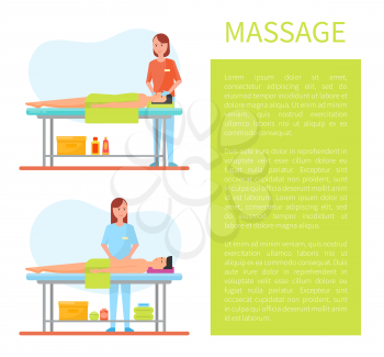 Facial and abdominal and belly massage done by masseuse. Poster with text sample and info about massaging technique, happy clients on tables vector