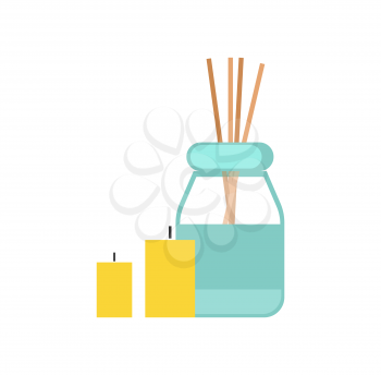 Sticks, oil and candles, equipment for massage cartoon banner vector isolated. Wooden wands in can and full glass jar, set of cylinder wax skied balls