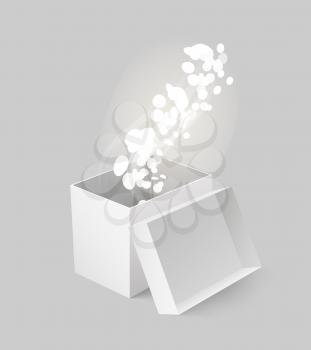 Package box made of carton glowing vector. Shining particles flying from rectangular shaped open container for fragile elements. Beaming and shine