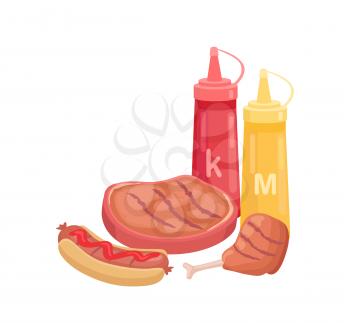 BBQ beef meat beefsteak isolated icon vector. Sauces ketchup and mustard hot dog with bun and sausage frankfurter. Chicken wing nutritious cooked dish