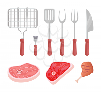 BBQ barbecue grate grille and meat types isolated icons vector. Beef pork and cooked chicken. Spatula and fork brush knife flatware for picnic outing