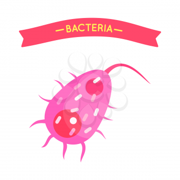 Bacteria and virus poster with banner red stripe. Microorganism icon closeup of bacteriology molecule. Macro organism pibk cell isolated  vector