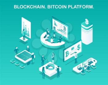 Blockchain bitcoin platform poster with isolated icons set. People on meeting and seminars, conference about cryptocurrency, cyber business vector