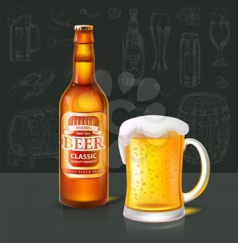 Beer classic beverage in bottle with label info about product. Type of alcoholic drink poured in glass set of items. Barrel and containers set vector