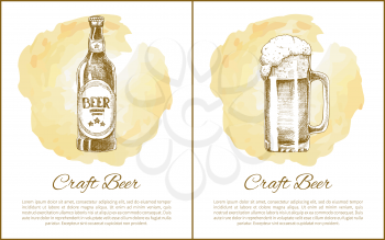 Craft beer objects set hand drawn vector sketches. Full tumbler with flowing foam and closed bottle isolated on beige stain vintage icon for bar menu
