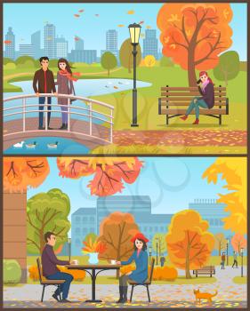 Cafe with tables and customers, autumn park with people set vector. Couple feeding birds, woman talking on phone, male and female drinking coffee