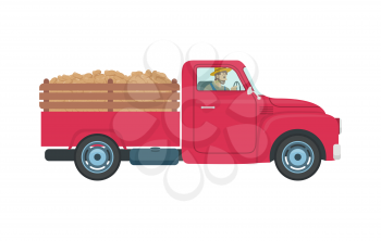 Car with trailer and cargo icon vector. Person driving farming vehicles for transportation and hauling production. Machinery and farmer in transport