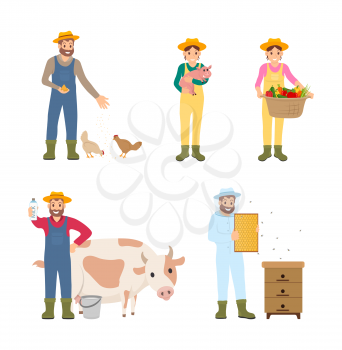 Beekeeper and harvesting season isolated icons set vector. Woman with pig, man with cow, milk in package. Beehive and chicken feeding, farming people