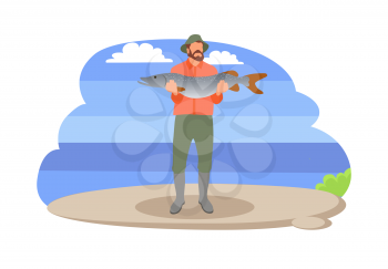 Fishing man with fish in hands vector illustration. Standing fisher holds caught big trout, in sportswear and hat isolated on landscape sport theme