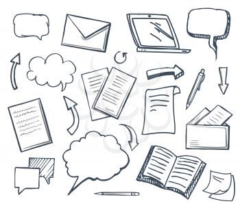 Office paper books and pencil isolated icons set vector. Arrows and pages, thought bubbles and pen, laptop screen, monitor of gadget message envelope