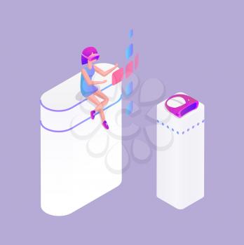 Interactive reality woman wearing virtual vr goggles spectacles touching screen of innovative gadget. Spectacles and modern technologies vector icon